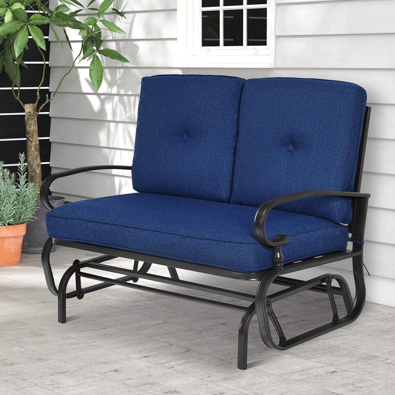 Outdoor Olefin Fabric Glider Bench with Cushions 2-Seat Patio Loveseat Rocker and Steel Frame